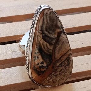 Picture Jasper,  Teardrop Shape, Size 8, .925 Marked, Ring